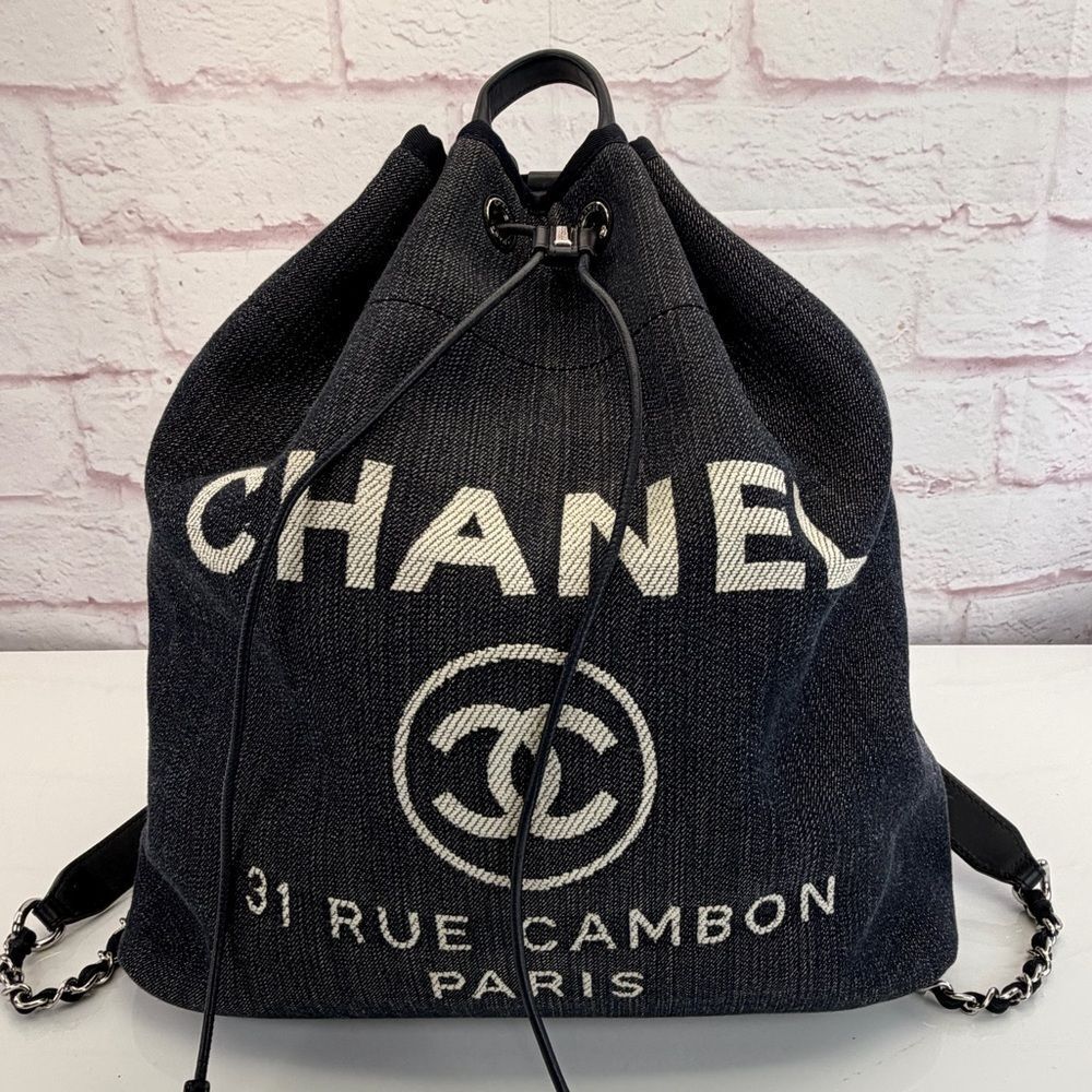 Chanel Deauville Large Navy Denim Canvas Drawstring Backpack - Picture 1 of 15